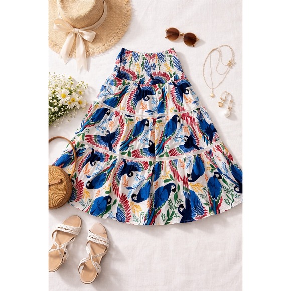 House of Harlow 1960 Parrot Print Tiered Midi Skirt Linen Blend XS Tropical Boho